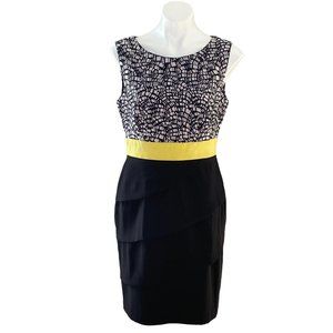 Dress Barn Women's Tiered Shift Dress, Sleeveless Black White Yellow, Size 10